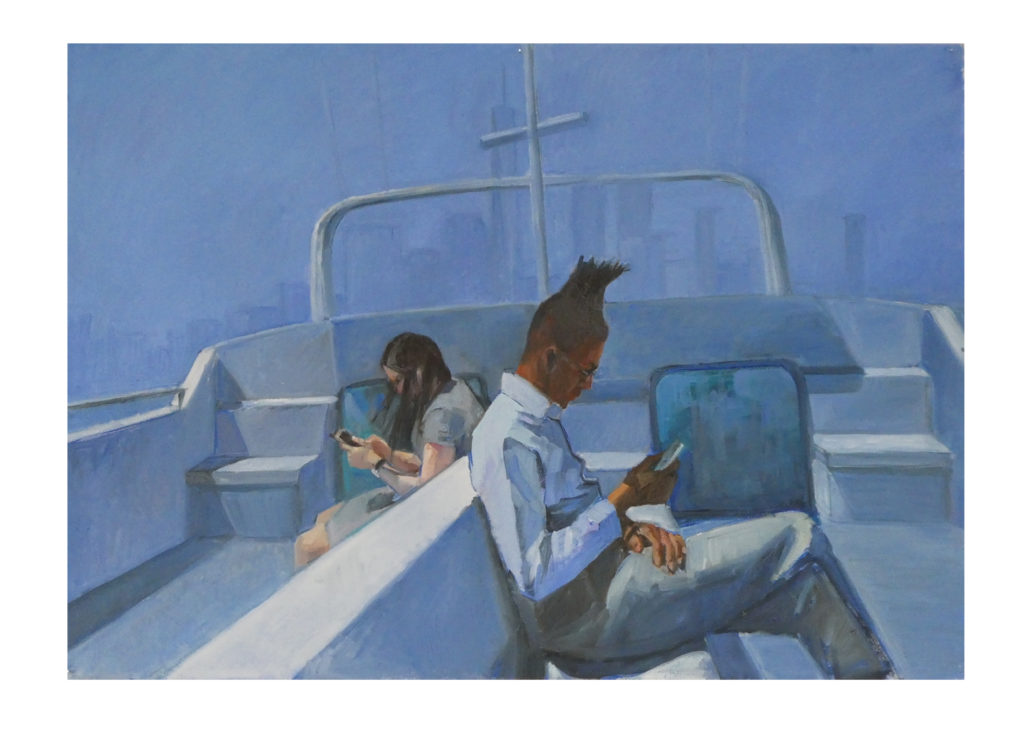 Two people on a boat on their phones