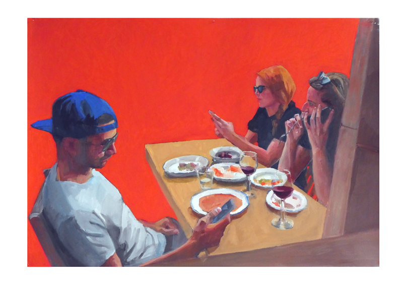 Three people at dinner on the phone