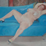 Fat nude on blue sofa